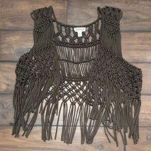 Echo & Rage Brand. Very dark Green Beaded Crochet Fringe Vest. Size M.